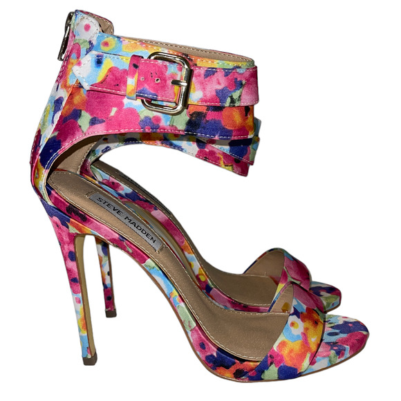 Steve Madden Shoes - Steve Madden Madasyn Open Tie Floral Stiletto Pink Blue Sandal Heels Size 8